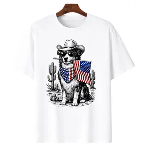 Australian Shepherd Cowboy American Flag T-Shirt, Western Desert Cactus Dog Graphic Tee, Patriotic 4th of July Dog Lover T-Shirt, Cowboy Hat Sunglasses Dog Casual T-Shirt, USA Flag Bandana Dog T-Shirt for Men