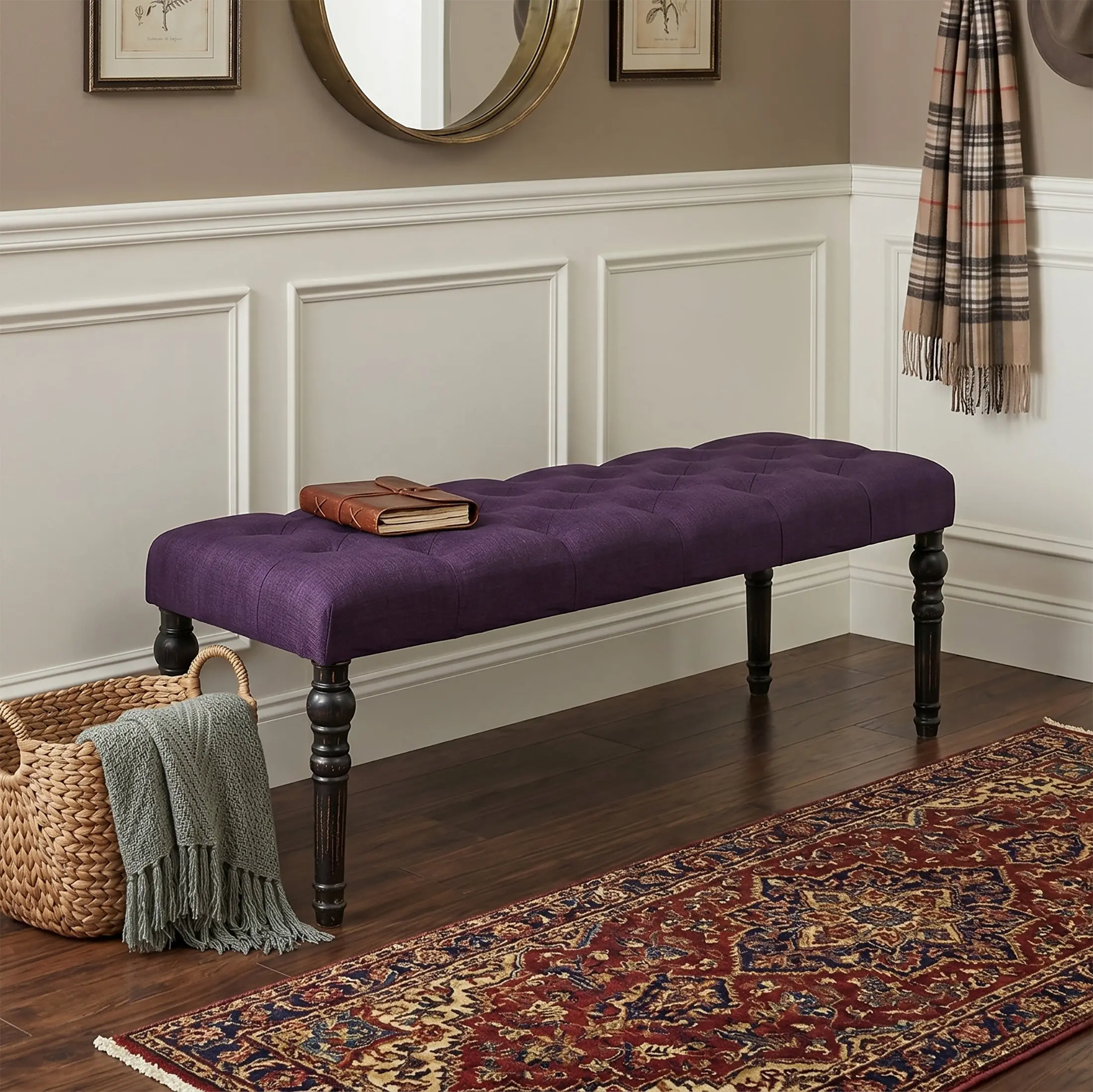 Leviton Fabric Tufted Turned Leg Dining Bench, Purple