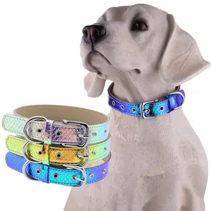 Premium Comfortable Iridescent Holographic Glow Pet Collar, Microfiber Snakeskin Texture Adjustable Neck Collar for Dogs & Cats