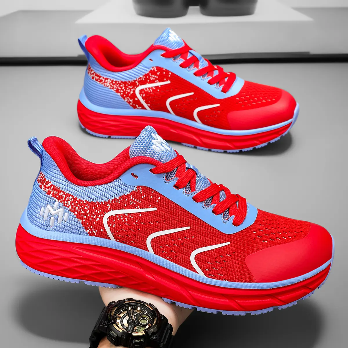 Men's lace-up mesh low-top sneakers, stylish design; women's red breathable lightweight running shoes; Bohemian style color-block printed platform shoes, suitable for daily wear, comfortable walking, running, tennis, sports, fitness training, and jogging