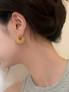 Women's 14k Gold Plated Hypoallergenic Beaded Hoop Earrings S925 Silver Needle, Daily & Party Gift Choice, Geometric Design