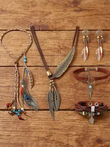 6 Pcs Brown Natural Handmade Boho Ethnic Accessory Set for Women Men Premium Leather Sturdy Alloy Delicate Woven Materials Abundant Original Bohemian Artistic Charm Popular Trendy Feather Pendant Dangle Earrings Trendy Jewelry Set