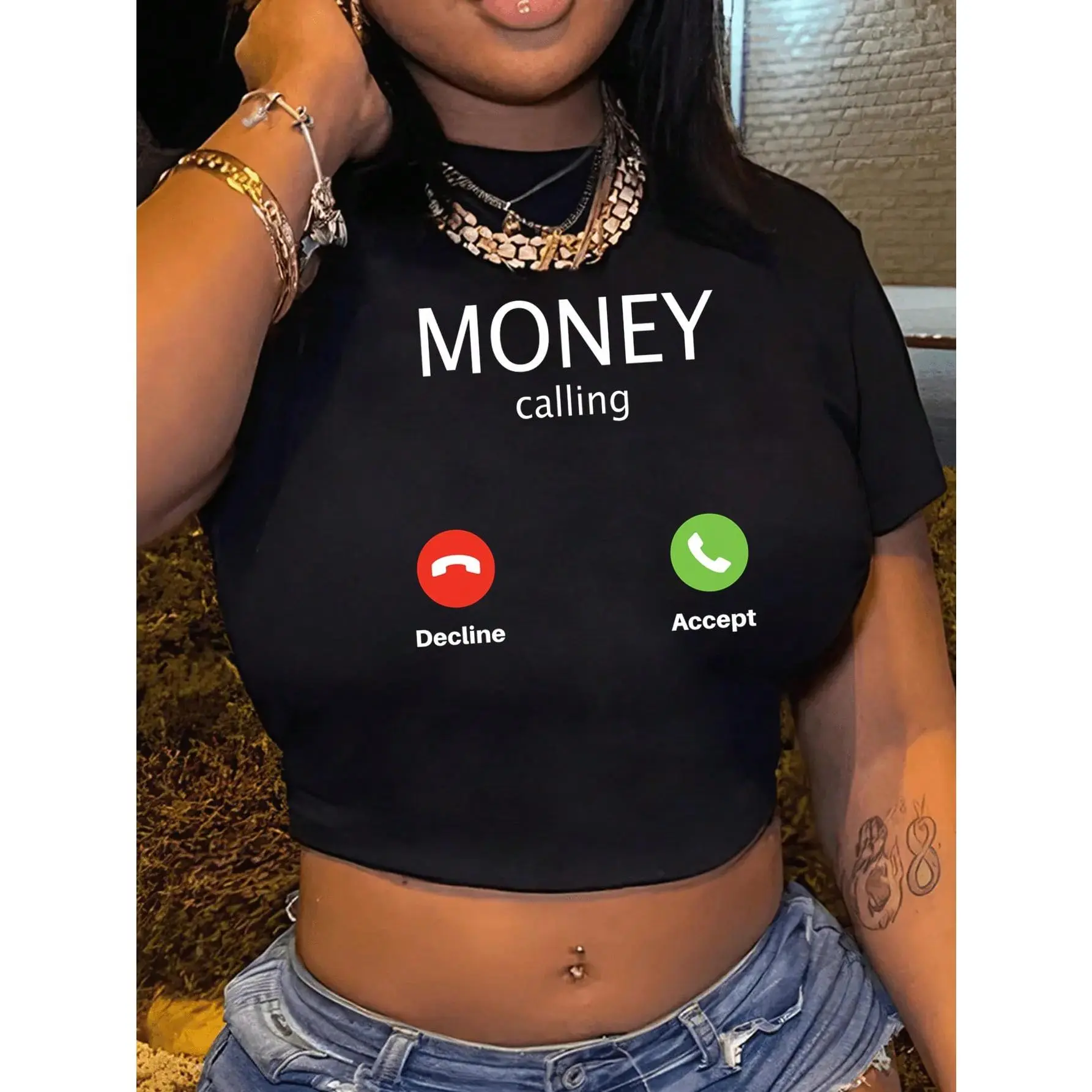 Women's Casual Minimalist Money Print Cotton Blend Crop Length Slim Round Neck Short Sleeve Sports Top, Pullover, Suitable For Summer, Shortsleeve, Fabric