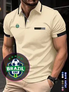 New Men's Casual Polo Shirt, Brazil Football Print, Lapel Button Short Sleeve T-Shirt, Comfortable Breathable Fabric, Ideal for Leisure and Sports