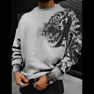 Men's Tiger Print Drop Shoulder Sweatshirt Regular Fit Casual Long Sleeve Round Neck Pullover for Fall Winter Fashion Daily Wear Top