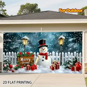 Winter Snowman Scene Garage Door Banner, Outdoor Banners, Christmas New Year Valentine's Day Decor, Gold Snowman with Snowflakes and Wreath Pattern