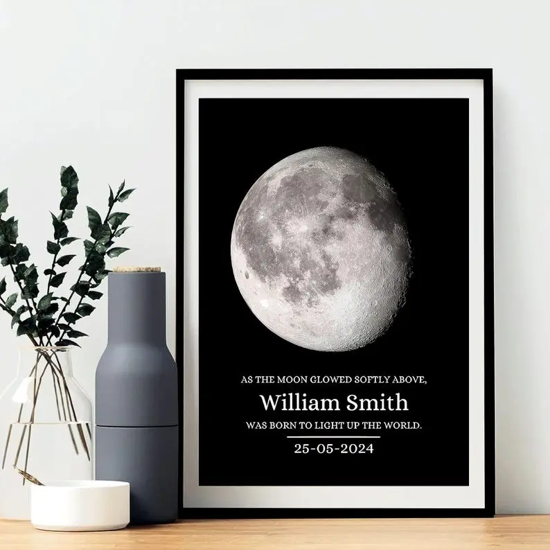 Personalized Moon Poster For Birth, Baby Gifts, The Night You Were Born Art, Custom Moon Phases By Day