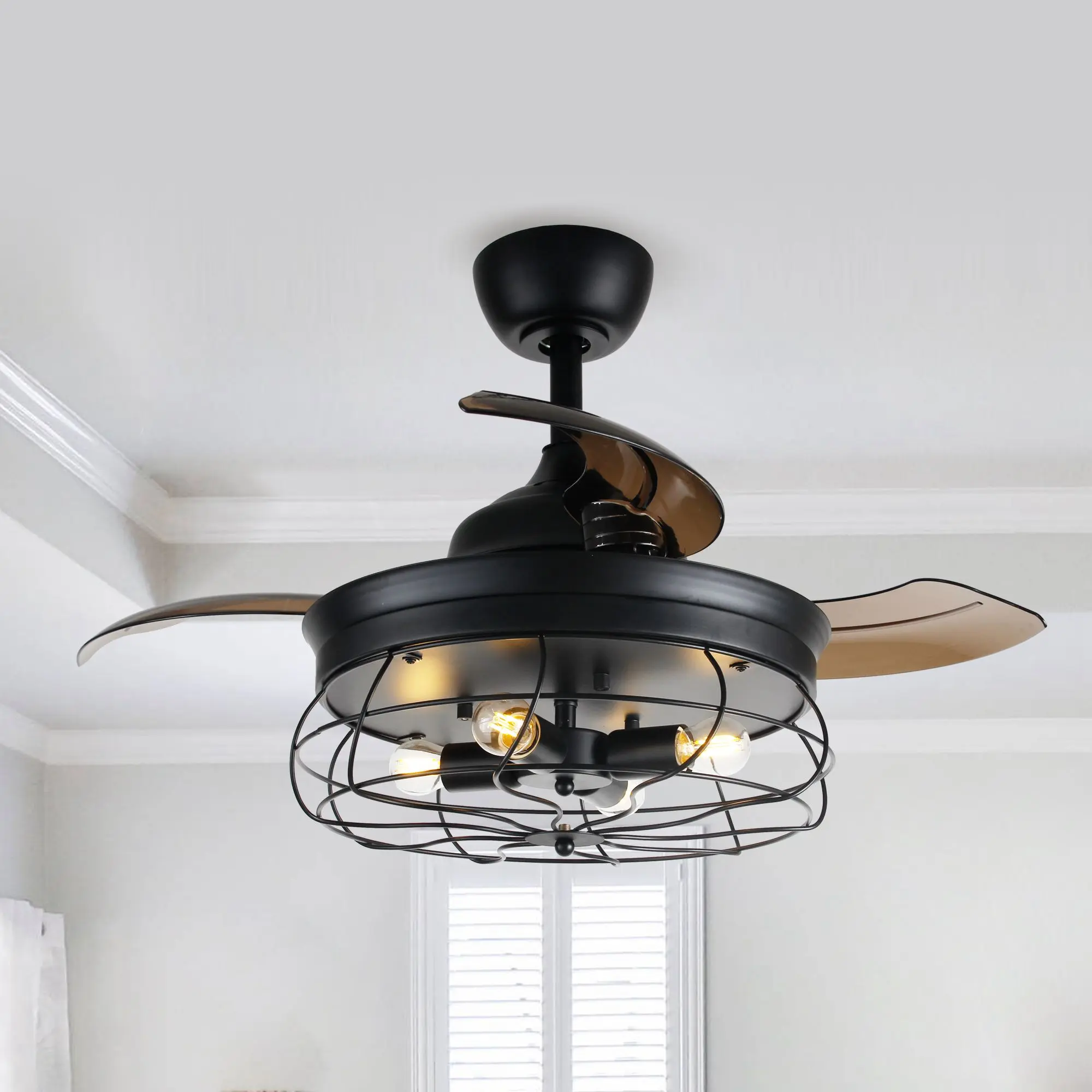 Parrot Uncle 36-inch Benally Black Industrial Retractable AC Motor Indoor Ceiling Fan with Lights and Remote Control