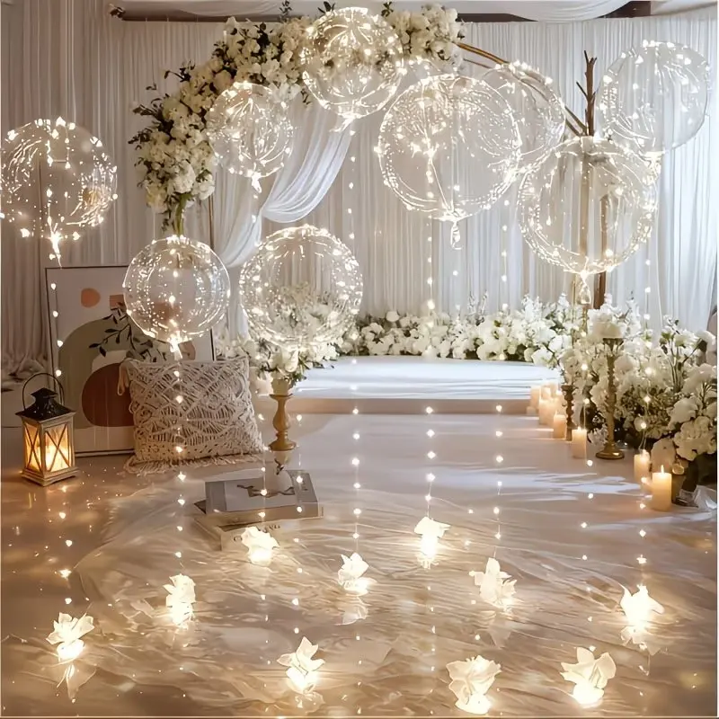 10pcs 5 String Lights + 5 Balloons, Transparent Party Decoration Balloons with LED Lights, Transparent Glowing Floating Bubble Balloons - 20-inch Transparent Bobo Balloons, Perfect for Parties, Weddings, Christmas, and Outdoor Decorations
