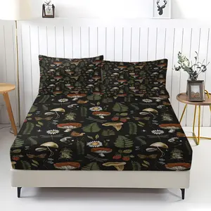 Forest Mushroom & Floral Fitted Sheet Set 3 Pcs, Natural Wild Plant Leaves Bedding Set, Jungle Rustic Farmhouse Style Bed Sheet With 2 Pillowcases, Wrinkle and Fade Resistant, Cozy Home Decor