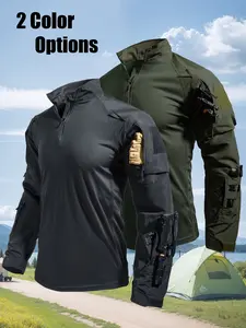 Men's long-sleeve outdoor tactical athletic fit sports training shirt, multi-functional large-capacity pocket with stand-up collar zipper, comfortable breathable quick-dry fabric, tear-resistant casual long sleeves, suitable for outdoor and daily use
