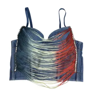 Tank Tops Denim Rhinestone Tassel Fishbone Summer Rave Outfits Women Sexy Club Shaper Camisole Ladies Blusas Outwear Sling Wedding Party Blind Date Stage Party Shaper Ladies Crop Shirt Vest Camis Corset Shirt Woman Inner Clothes Camiseta Mujer Crop Top