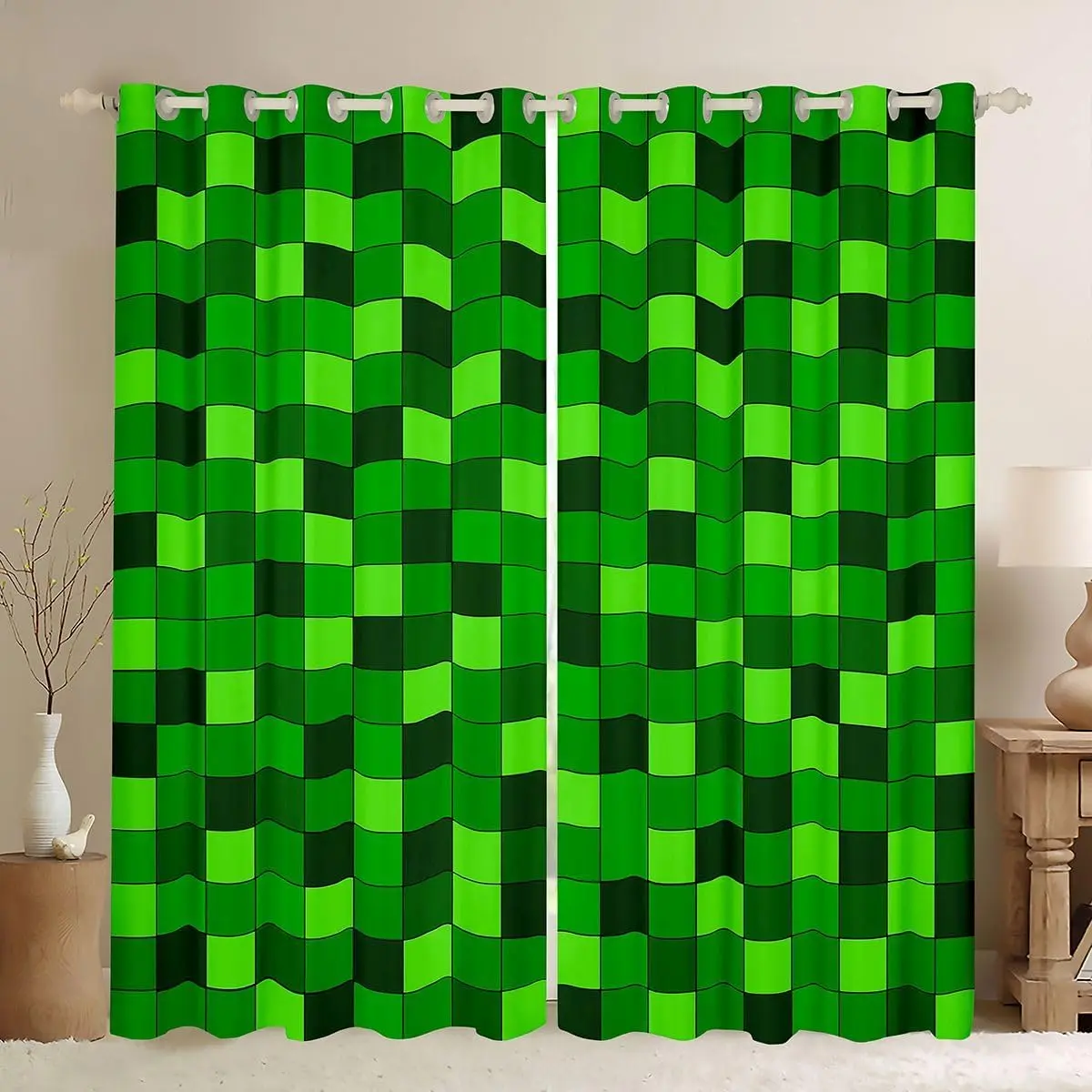 Neon Green Block Window Curtain | ated Grid Patchwork Blackout Window Treatment Bedroom Decor,Miners Video Games Curtains Modern Living Room Top Panels