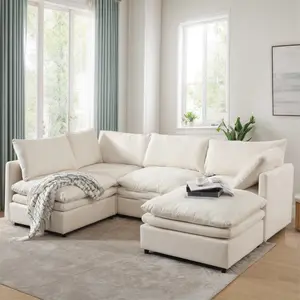 Modular Sectional Sofa with Ottoman, U/L-Shaped Extra Deep Comfy Couch，Sleeper Sofa Couch with Chaise Lounge for Living Room, Small Space Convertible Sectional ，5-Seat，Beige