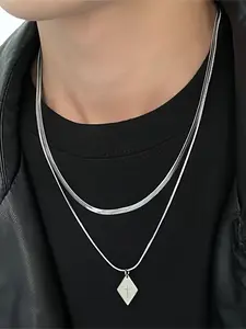 1 fashionable and cool diamond pendant double layered necklace, cool and versatile design, high-end titanium steel collarbone necklace, suitable for men's daily party wearing chain accessories