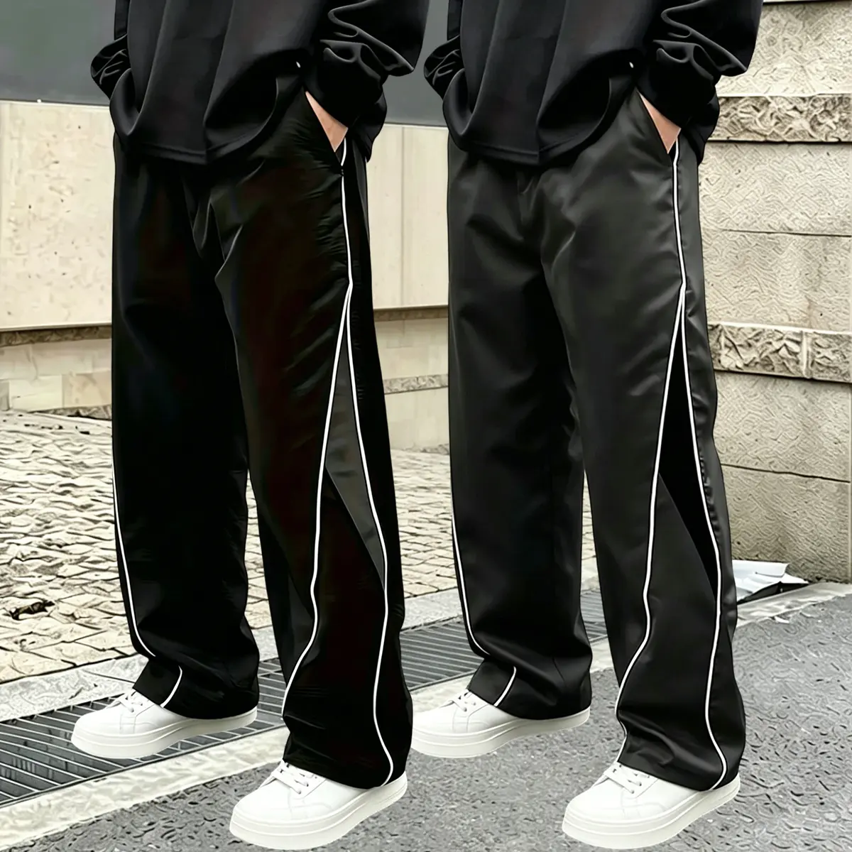 Men's Baggy Track Pants, 2 Pack Loose-Fitting Athletic Basics with Side Stripes, Drawstring Waist, and Pockets for All Seasons, Casual, Long Pants, Great As A Gift, Male, Black + Black, Polyester, Full Length, Track Wear