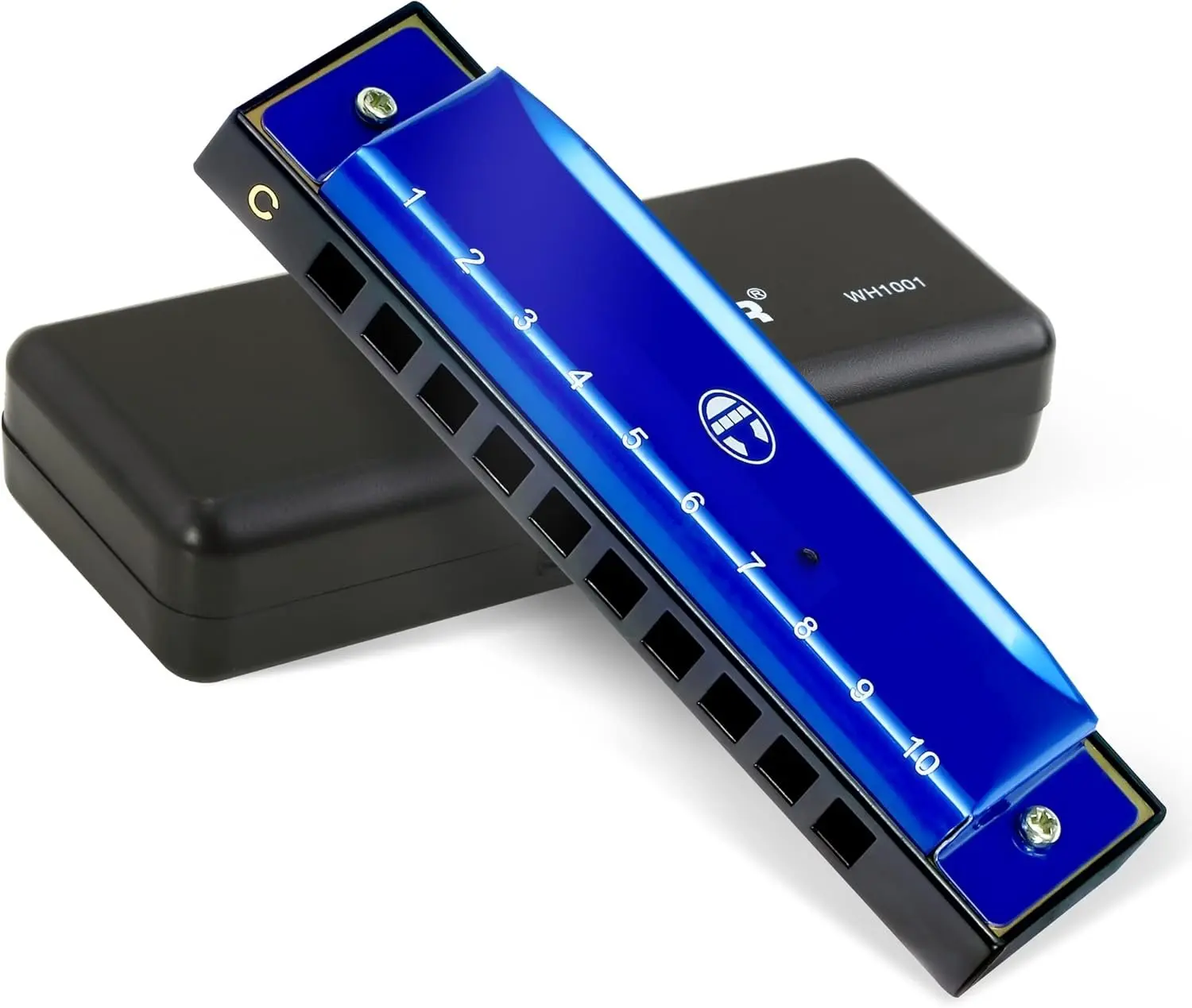 Blues Harmonica for  Adult Beginners 10 Hole Diatonic Harmonica Key of C, Brass Reed Metal Mouth Organ C Key Blues Harp with Case, Blue