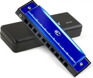 Blues Harmonica for  Adult Beginners 10 Hole Diatonic Harmonica Key of C, Brass Reed Metal Mouth Organ C Key Blues Harp with Case, Blue