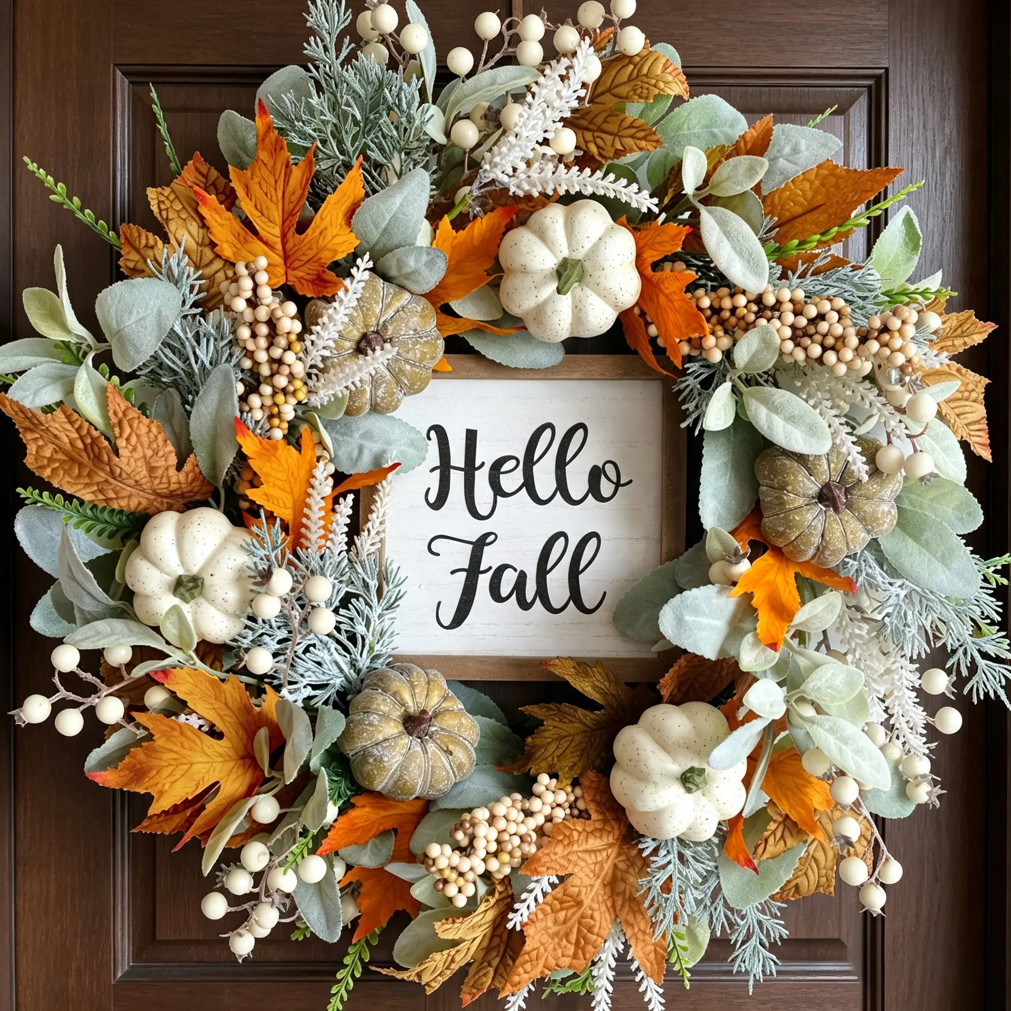 20inch Thanksgiving Fall Wreath, Eucalyptus Berries Pumpkins Lamb Ears Leaves Autumn Wreaths for Front Door, Fall Decor, Porch Wall, Home Outdoor Holiday Decorations Wreath for Autumn