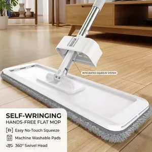 Nexapick White Hands-Free Self-Wringing Flat Mop, 90° Right Angle Floor Cleaner for Hardwood Tile & Laminate, Ultra-Slim Under Furniture Mop for Pet Owners & Family Homes