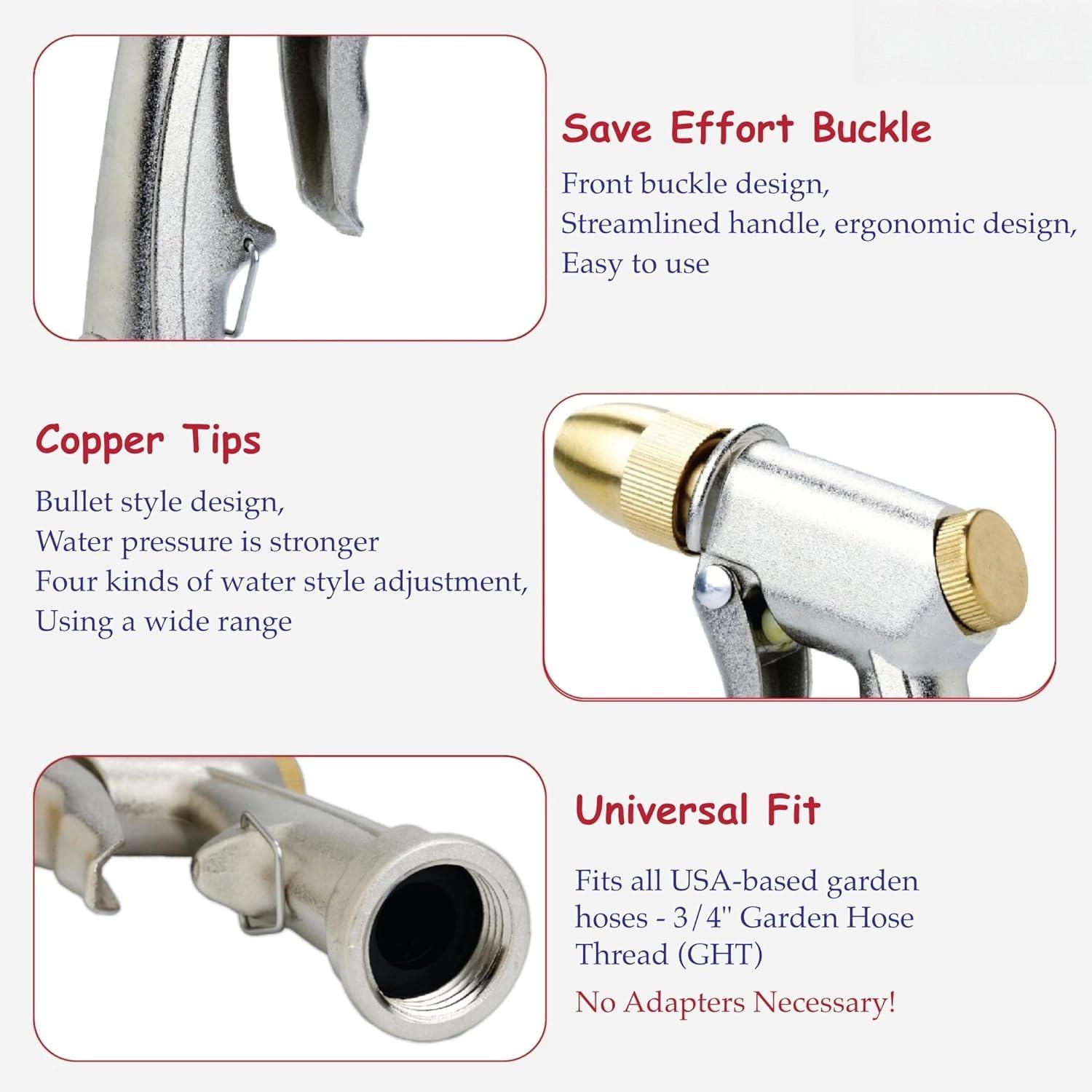 Heavy Duty High Pressure Hose Nozzle 100% Metal Brass Head Water Spray Gun for Garden Lawn Car Washing Outdoor Power Washer Commercial Chemical Sprayer Attachment Stainless Steel Flexible