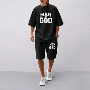 Men's Spring and Summer 'Man of God' Letter Print Checkered Fabric Drawstring Shorts Set, Casual Summer Outfit with Short-Sleeved Shirt and Shorts, Ideal for Everyday Wear and Sports Activities.