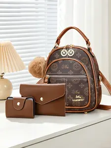3-piece women's bag set, luxury textured printed mini backpack for ladies, featuring four wearing ways: shoulder, crossbody, double-shoulder and hand-held. Versatile small backpack suitable for daily outings, dates, work and shopping