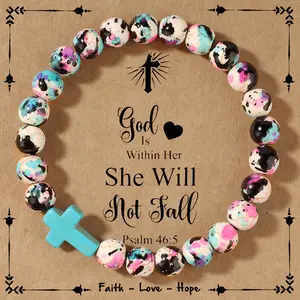 Colorful Splattered Bead & Turquoise Cross Bracelet - Bohemian Style Statement Jewelry