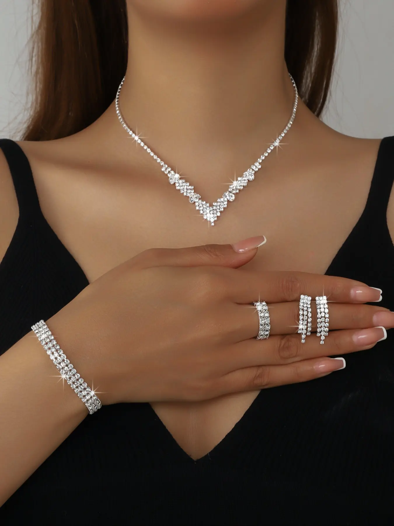 Luxury Sparkling Brilliant Sparkle Water Diamond Geometric Necklace Bracelet Earrings Ring Set, Fashionable Jewelry Set, Elegant Jewelry Set, Bridal Wedding Jewelry Accessories for Women, Bride Jewelry Set For Wedding Day, Necklaces Earrings Set