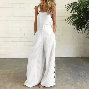 Solid Color Sleeveless Square Neck Wide Leg Overalls - Casual Jumpsuit Pants With Pockets For Summer Women