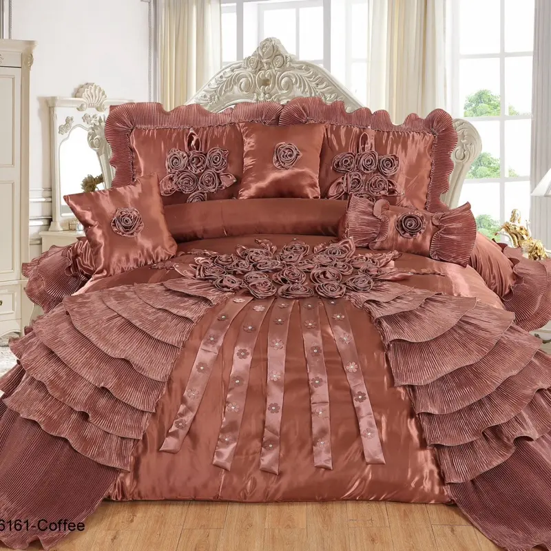 6 Piece Durable Bedroom Set with Floral Embellishments Ruffled Details for Elegant Home Decor 4113 Blue