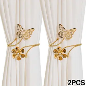2 elegant butterfly and floral curtain ties-simple metal curtain ties with complicated openwork patterns, suitable for bedroom and living room decoration, fashionable curtain ties | floral patterns | metal ties.