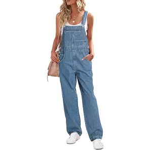 Luvamia Women's Loose Fit Denim Bib Baggy Overall Jumpsuit Straight Wide Leg Stretchy Jean Pants Casual Blue Shadow Basic Trouser