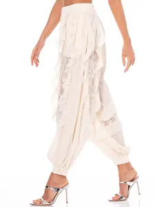 Women's Elastic Waist Ruffle Lace Studded Jogger Pants with Front Pockets, Comfy Ruffle Trim Pants, Comfy Pants