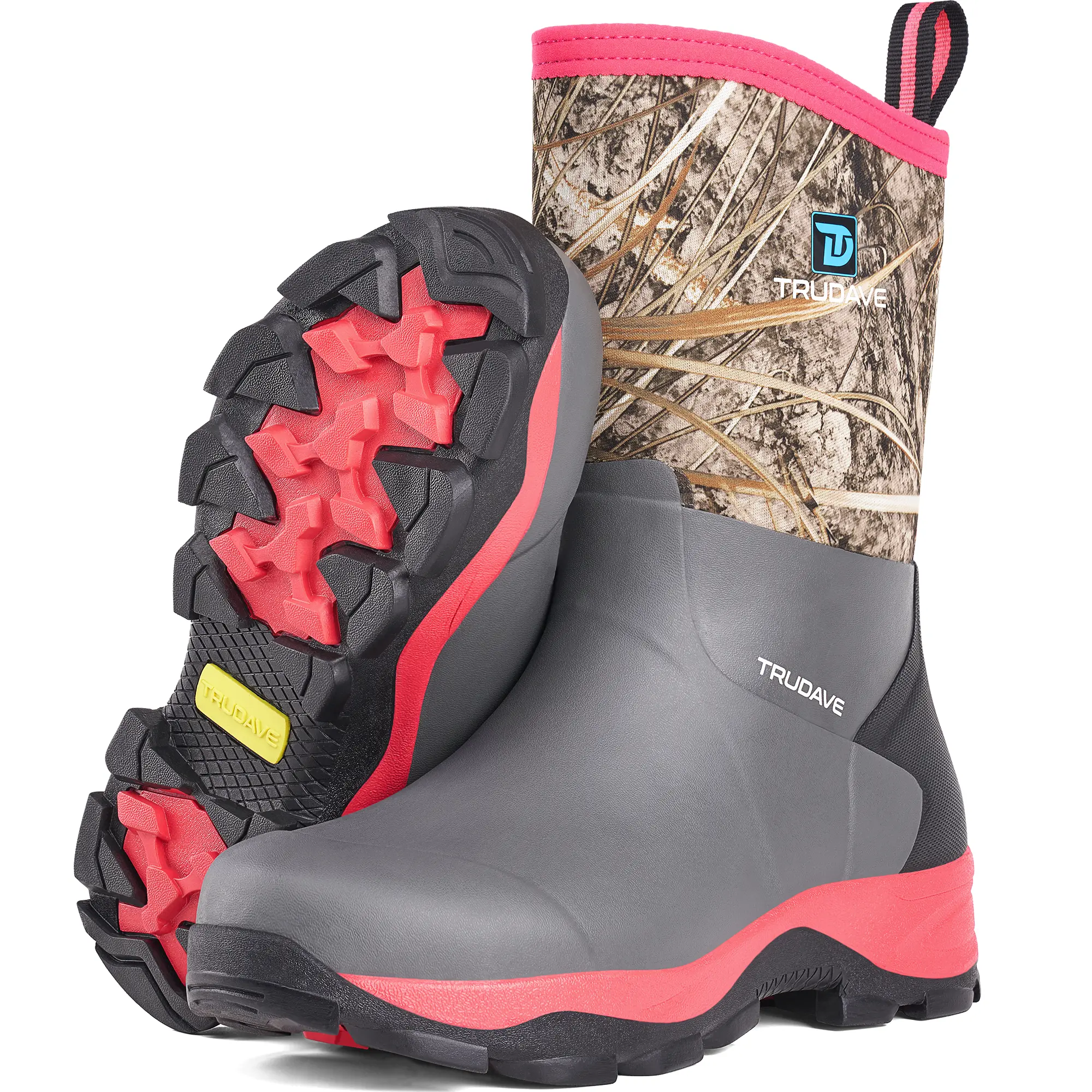 TruDave Women's Pink Rubber Rain Boots 4.5mm Neoprene Insulated Mid-Calf Work Boots Anti-Slip Breathable Waterproof Shoes