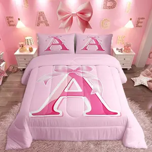 Pink Bow Bedding Set,Gifts for Women Teen Girl,,Decor Monogrammed Bedding Set,Ultra Soft Personalized Initial A Comforter Modern Fashion,Duvet Set Room Decor Quilt Set
