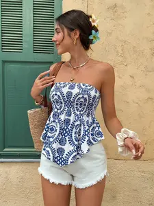 Women's Blue Print Halter Top, Waist Cinch Ruffle Backless Tank, Summer Bohemian Fashion, Casual Streetwear, Vacation