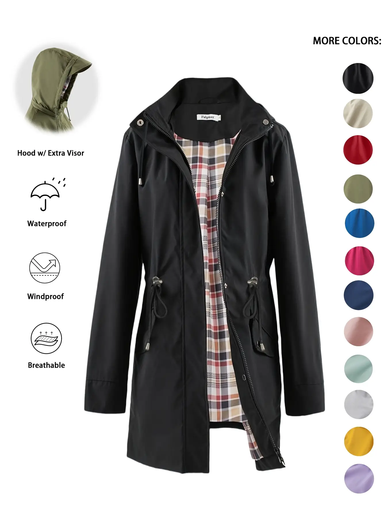 Women's Solid Color Drawstring Zip Up Hooded Trench Coat, Casual Breathable Long Sleeve Waterproof Windproof Outerwear for Spring & Fall, Ladies Cloth