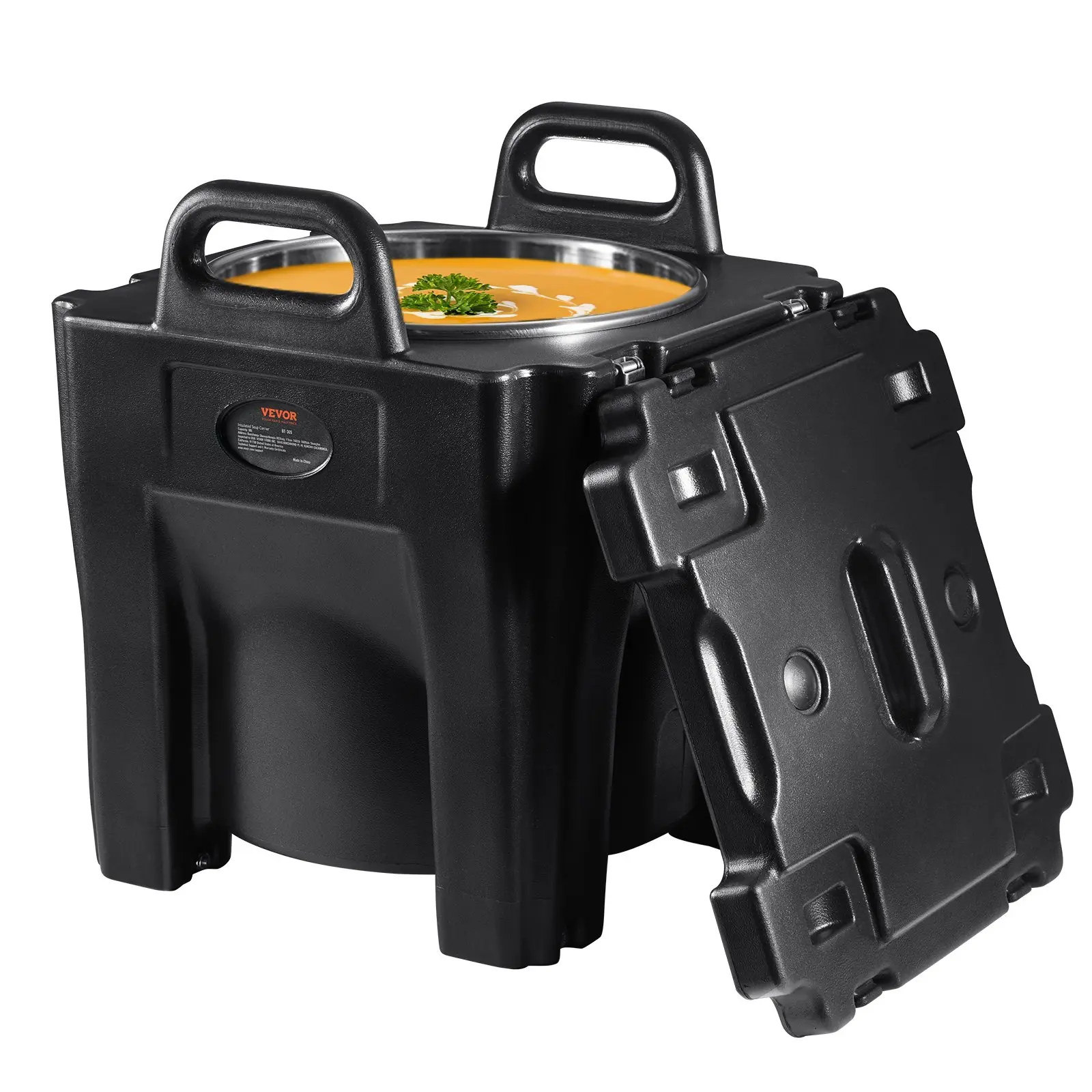 VEVOR 32Qt Insulated Food Carrier with Lid - Stackable Stainless Steel Barrel Catering Hot Box, Top-Load LLDPE Food Warmer with Integral Handles, Buckles, Stationary Base, Leakproof Thermal Lunch Box for Restaurants, Black