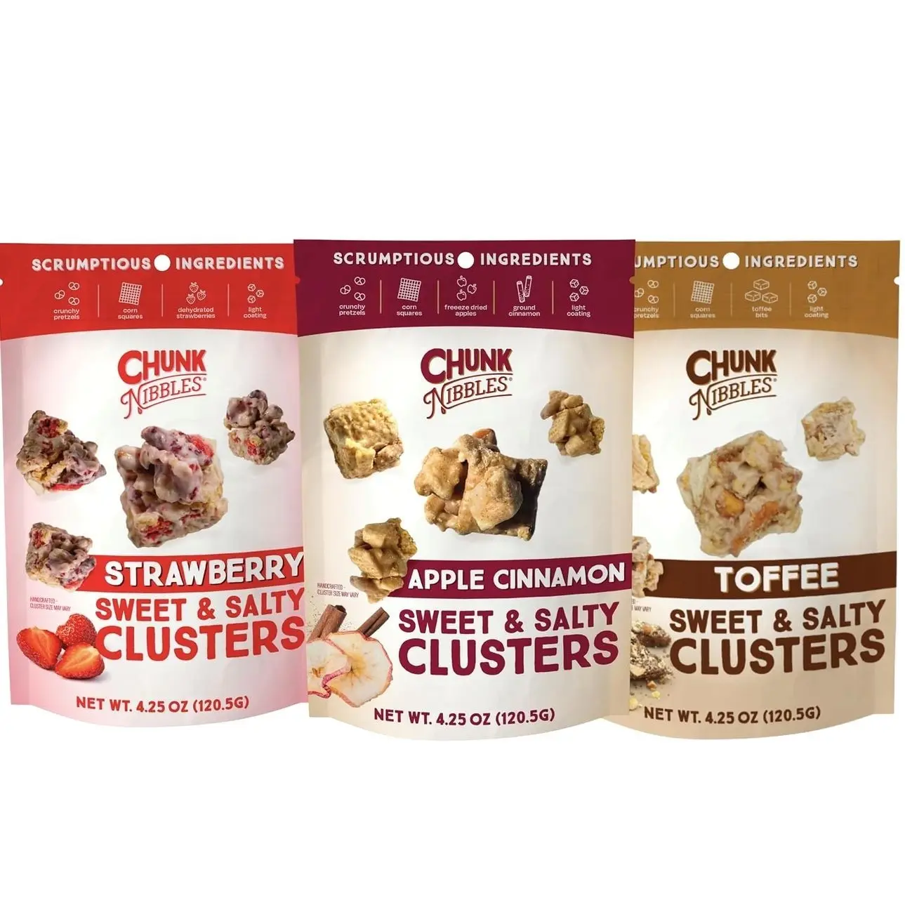 Chunk Nibbles Variety Snack Pack - Strawberry, Apple Cinnamon, Toffee Clusters - Gourmet Sweet & Salty Treat - Handcrafted, No Artificial Colors - 4.25oz Resealable Pouch (3 Pack)