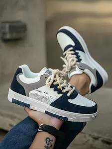 Men's Fashionable Colorblock Patchwork Design Lace Up Low Top Sneakers, casual trainers, Work Shoes, Casual Comfortable Green Sports Shoes for Outdoor Hiking, Trendy All-match Athletic Sneakers for Daily Wear, Artistic Streetwear Shoes