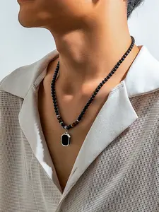 Men's Tiger Stone Beaded Necklace, Hip Hop Style Minimalist Design, Unique High-End Collarbone Chain Accessory for Men, Elegant Beaded Necklace