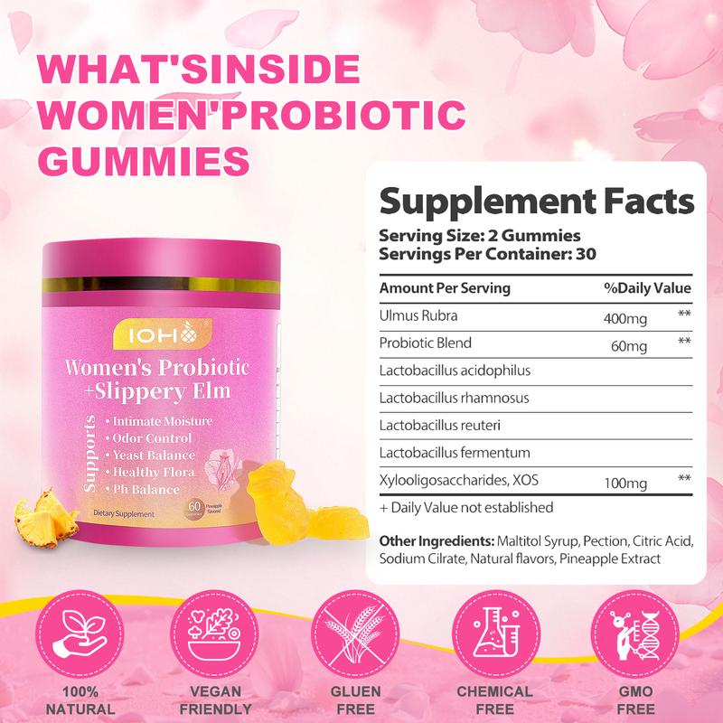 IOHO Her Juicy Feminine Probiotics Gummies-All in One Solution with Slippery Elm and Prebiotics&Lactobacillus Probiotic Blend for Women's pH Balance and Dryness-Hawaiian Pineapple Gummies 60 Count women’s probiotics - Supplement  Healthcare