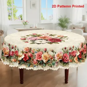 1pc, Spring Summer Themed Party Tablecloth, Vintage Multicolored Rose Floral Printed Design, Rectangular, Round, Rectangle Tablecloth, Embossed Edge, Suitable For Indoor Outdoor Dining Picnic Dinner Dining Room Decoration, Picnic Table Cover