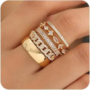 Stackable Gold Rings for Women Non Tarnish Trendy Dainty 14K Gold Plated Stacking Cubic Zirconia Thumb Ring Set Pack Statement Chunky Band Rings Promise Engagement Rings Size 7 8 9 10 11