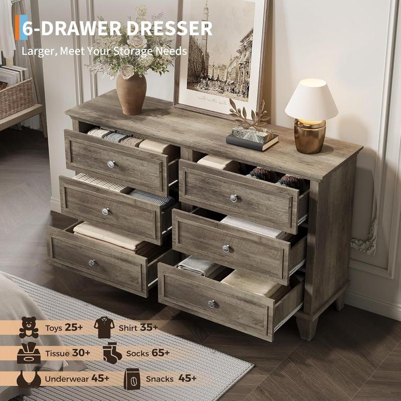 Farmhouse Dresser for Bedroom with 6 Drawer Double Dresser TV Stand with Vintage Handle Wide Wood Dressers Chests of Drawers 6 Drawer Dressers for Bedroom Living Room Hallway-Grey
