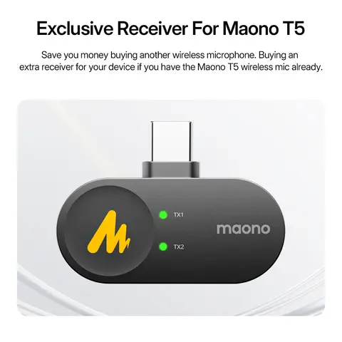 MAONO Cordless 0.2oz Exclusive Design Plug Accessory - Dual Port Type-C & Lightning Lavalier Receiver for Maono T5 Microphone, Wireless Bluetooth Link, Compatible with Android/iPhone/iPad, W/ Manufacturer Warranty