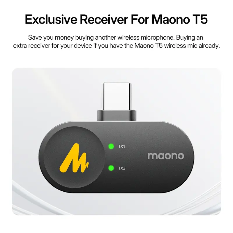 MAONO Cordless 0.2oz Exclusive Design Plug Accessory - Dual Port Type-C & Lightning Lavalier Receiver for Maono T5 Microphone, Wireless Bluetooth Link, Compatible with Android/iPhone/iPad, W/ Manufacturer Warranty