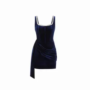 Cider Velvet U-neckline Rhinestone Draped Ruched Corset Mini Dress