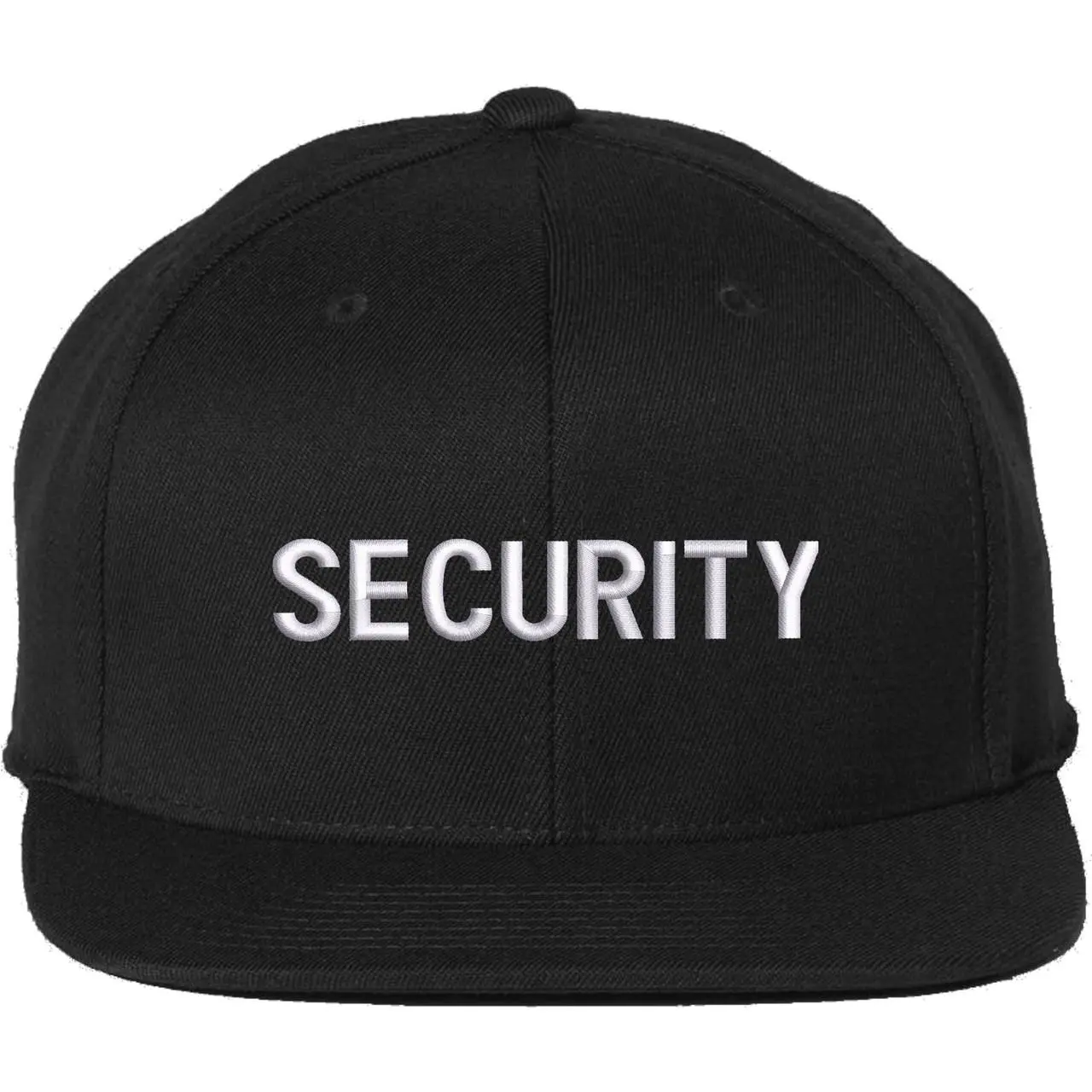 SECURITY Snapback Hat Flat Bill Six Panel Adjustable Mid Profile Uniform Guard Officer Agent Cap (Black with White Text)